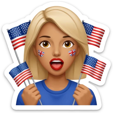a woman is talking and the English and American flags are coming out sticker