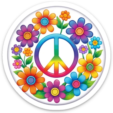 A round psychedelic colored button that says love, peace, and joy with rainbow colored hippie style flowers sticker