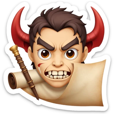 cartoon face holding a scroll parchment in mouth like a Demon Slayer character sticker
