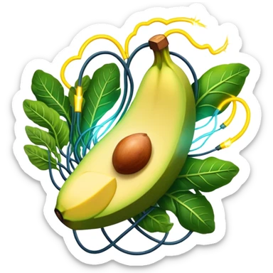 Banana, avocado, potato and leafy greens emitting electrical sparks that flow toward a heart and nervous system. The electrical currents connect the potassium-rich foods to muscles and nerves, highlighting potassium's role as the body's electrical rhythm keeper. sticker