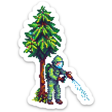 A gardener in protective suit and mask spraying a tree with a sprayer, performing chemical pest control. Bright green garden with trees, visible spray droplets, atmosphere of professional plant protection and garden care sticker