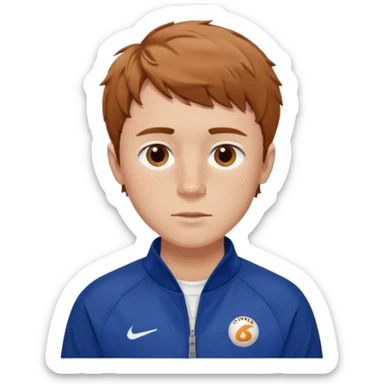 Owen Cooper in brown short choppy fringe wavy short hair and brown eyes, with freckles on this cheeks, wearing a deep blue sports jacket and white shirt sticker