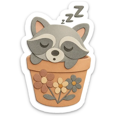 Add some flower designs to the flower pot, keeping the raccoon and pot unchanged. Use pastel earthy colors sticker