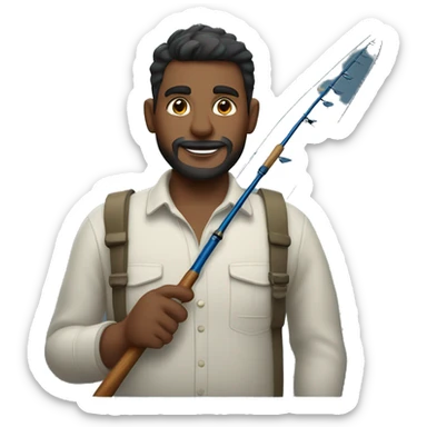 manly husband holding blue fishing rod and tuna sticker