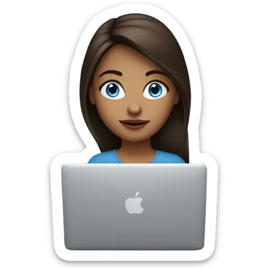 Brunette girl, blue eyes, works on a MacBook sticker