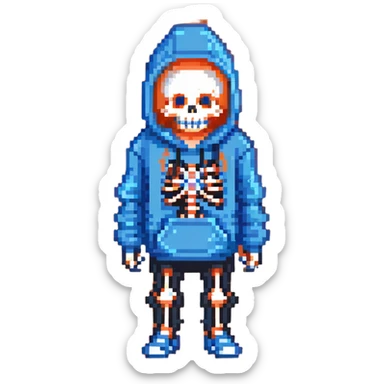 Sans from Undertale with glowing blue eye, skeleton with permanent grin, wearing blue hoodie sticker
