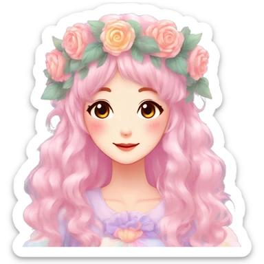 Gorgeous Shiny Colorful Pastel Anime Mature Lady with blushing face and pretty hair with a flower crown pastelcore kawaii cottagecore fairycore aesthetic trending style sticker
