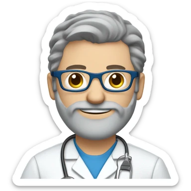 male dark blond doctor with grey beard with hazel eyes and small wire-rimmed glasses in blue scrubs holding a paintbrush and saw sticker