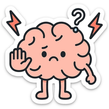 cute cartoon-style brain with red lightning bolts, confused expression, blocking pain signals, soft colors, medical theme icon sticker