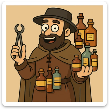 Tudor doctor holding medicine bottles and medical equipment in flat toon cartoon style, simple shapes, bold colors, clean lines, minimal shading sticker