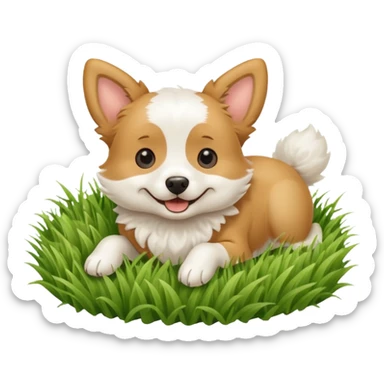 White and tan dog rolling in grass sticker