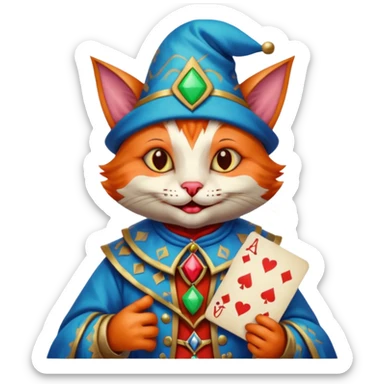 crazy colorful cute little cat jolly joker from poker, medieval, vintage, court jester, mac os icon, blue color, poker cards, mage sticker