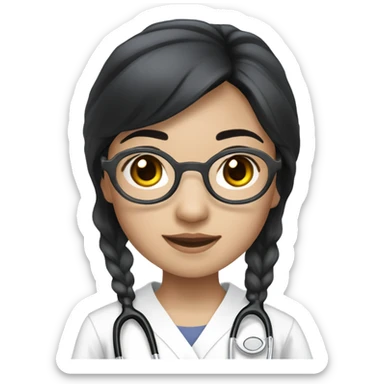 Asian girl, with white skin tone, black hair, wearing silver round harry potter glasses and a white scrub and a stethoscope  sticker