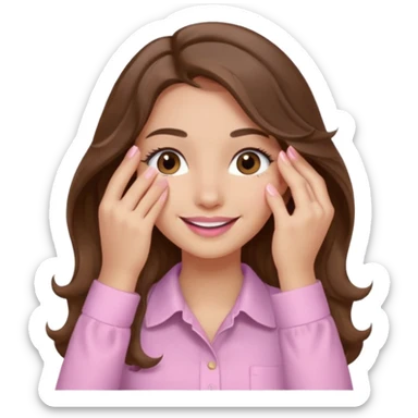 girl with wavy long brown hair, brown eyes, light to medium complexion, long lashes, light pink lipstick, wearing light pink shirt, smiling, hand covering eyes sticker