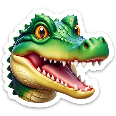 Cinematic Realistic Comical Crocodile Portrait Emoji, Head tilted dramatically with an exaggeratedly amused expression, featuring a striking, glossy scaly hide with bold textures and wide, expressive eyes full of playful disbelief, rendered with vivid natural hues and lifelike detail, high shine, dramatic yet playful, styled with an air of cheeky aquatic mischief, soft glowing outline, capturing the essence of a spirited and over‐the‐top crocodile that looks ready to snap its jaws in a burst of viral wild humor! sticker