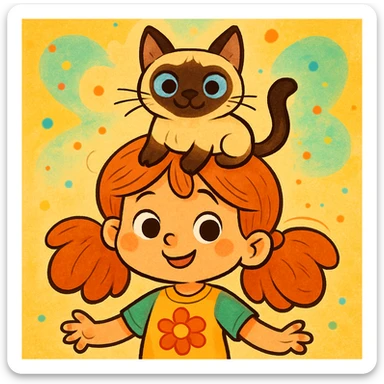 a cute girl with a siamese cat on her head, cartoon style, colorful and playful sticker