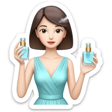 stylish woman spraying perfume, holding a perfume bottle, soft mist spray in the air, elegant pose, 3D cartoon, mobile game icon style, clean background, no text, no watermark

 sticker