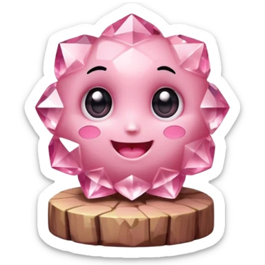 A single cute pink crystal cluster character, chunky round base with many tall rose-pink crystal quartz cluster, faceted and slightly imperfect, on the front of the base a kawaii face with big shiny eyes and a happy open smile very shiny sticker