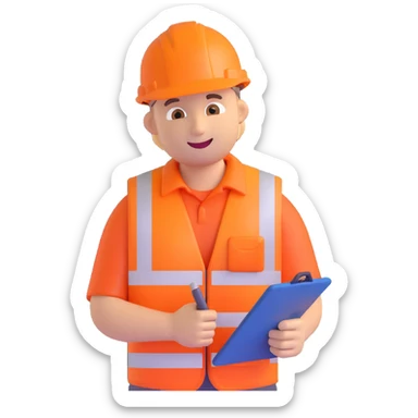Keith Morey, a Network Rail worker emoji, wearing a high-visibility orange vest, hard hat, holding a clipboard, friendly expression sticker