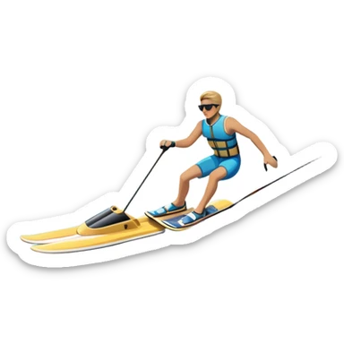 A humanless icon showing a pair of water skis skimming across the surface of a lake, with a skier in motion. The design includes a wake behind the skier, splashing water, and the sun reflecting on the water. Transparent background highlights the speed and thrill of water skiing. sticker