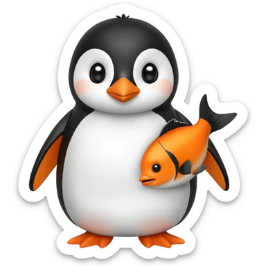 A cute penguin doll holding an orange fish. sticker
