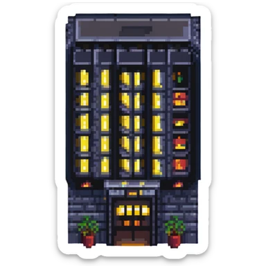 skyscraper hotel with lit windows and entrance sticker