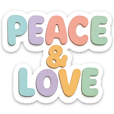 Soft pastel rainbow rounded bold letters for "Peace & Love", kawaii cute font, no border, transparent PNG sticker