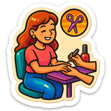 a girl sitting in a beauty salon getting a manicure, vibrant and playful sticker