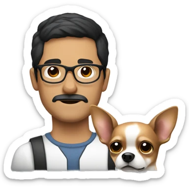 dark hair dark eye man with short mustache wearing glasses holding chihuahua sticker