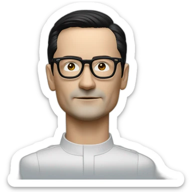 Hyper realistic Ralf Hutter from Kraftwerk, short straight black hair, black glasses, thin, riding open top black tesla model 3 sticker