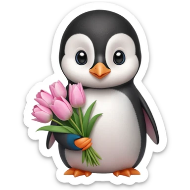 Cute baby penguin holding flower bouquet wraped in white paper and all flowers tulips in pink colour sticker