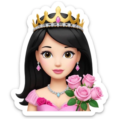 Barbie with black hair with a bouquet of pink roses and a tiara sticker