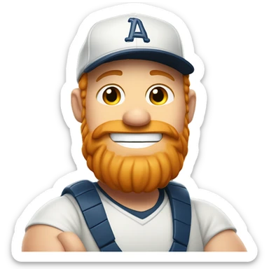 fat ginger bearded man in a baseball cap and a cheeky smile sticker