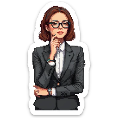 pixel art image of a businesswoman in a suit, waist up, hand under chin, looking to the side thoughtfully, wearing stylish glasses, luxury watch visible on wrist, contemplative and curious mood, clean background sticker