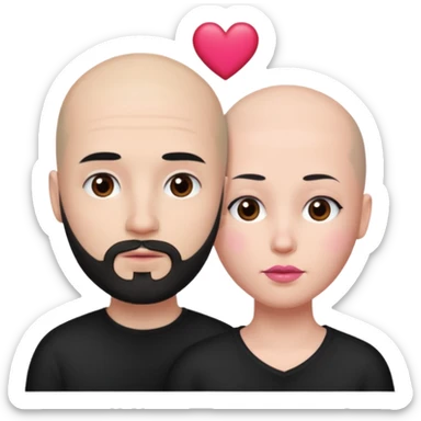 👩🏻‍❤️‍💋‍👨🏻 this one but the man should be bald. white woman with long black hair and white bald young man whoitiut hair and a heart between their heads. she has pink lips and both have brown eyes. he has e full beard but short. both wear black sticker
