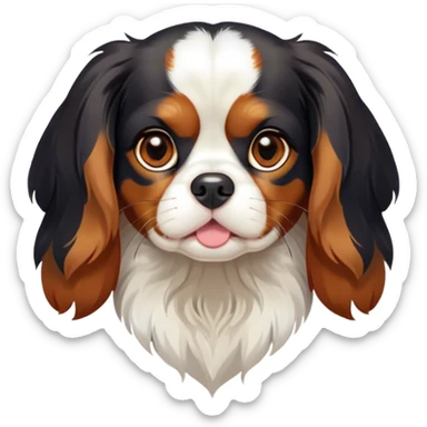 Cinematic Cute Tri-Colour Cavalier King Charles Spaniel Portrait Emoji, Head tilted playfully and inquisitively, silky tri-colour fur with vibrant black, crisp white, and warm tan patches, round, sparkling brown eyes filled with curiosity, Simplified yet irresistibly adorable features, highly detailed, glowing with a warm, friendly glow, high shine, affectionate and lively, stylized with a touch of whimsy, bright and endearing, soft glowing outline, capturing the essence of a mischievous yet loving pup, so playful it feels like it could pounce out of the screen and into your arms! sticker