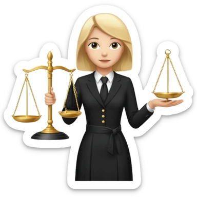 woman lawyer blanche et blonde avec des cheveux mi-long; elle est habillée avec une longue robe noire et une cravate blanche; elle porte la justice sticker