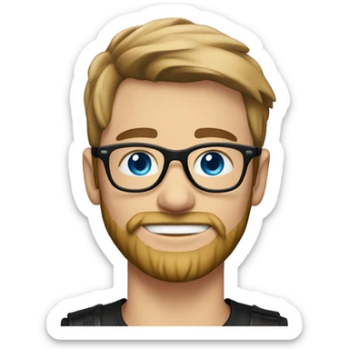 A young white man with blue eyes and a scruff beard. Wearing a black hat and black glasses sticker