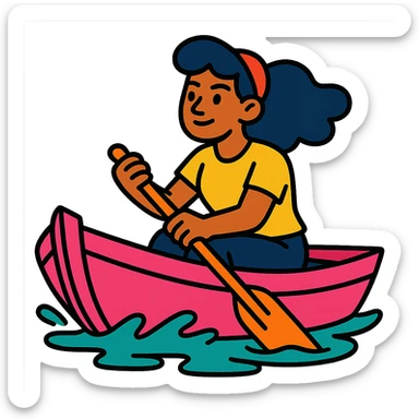 woman rowing a pink boat in vibrant toon style sticker