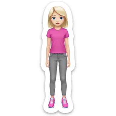 beautiful girl with fair hair, blue eyes, in a vivid pink shirt, grey jeans and white trainers sticker