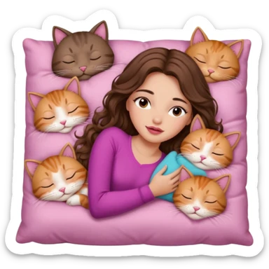 girl with long wavy brown hair, brown eyes, long lashes makeup, sexy pink lips, light to medium complexion,  sleeping on a cozy pillow, with 6 cats, sleeping sticker