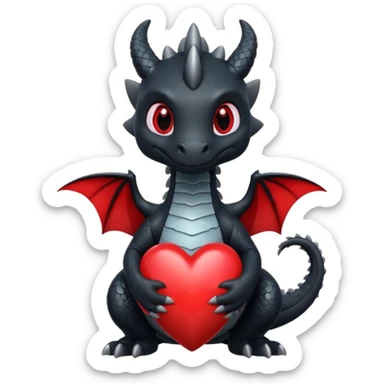 Cute black dragon holding a red heart sticker