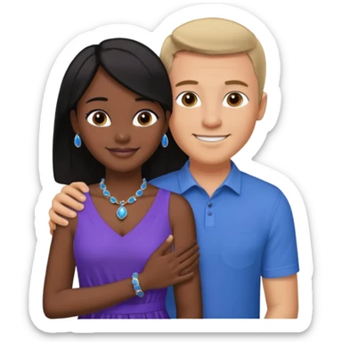 smiling embracing interracial couple. man is tan and has short brown straight hair he is wearing blue. woman has very dark black skin and long dark black hair. she is wearing purple and has matching blue jewelry on sticker