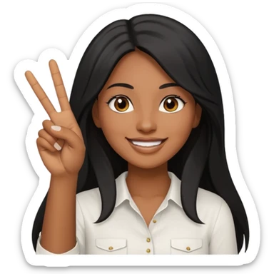 pretty brown skin woman with long black hair and brown eyes holding up the peace sign sticker