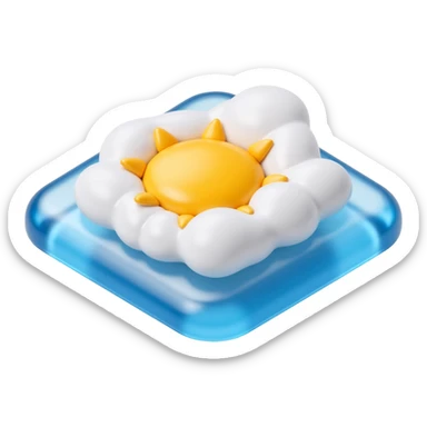 skeuomorphic Apple Weather App icon with glossy blue background, realistic sun and cloud, detailed icon style sticker