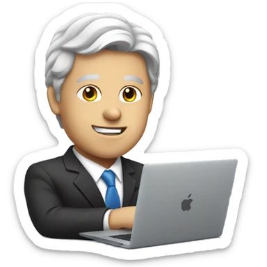 A white businessman in a suit works at a MacBook sticker