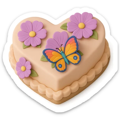 Add a colorful butterfly to the heart-shaped fondant cake with purple flowers, fondant cake art style, keep transparent background. sticker