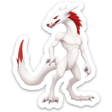 White edgy cute badass epic anthro modern albino sergal-vernid-Fakémon with red mane and red eyes, full body sticker