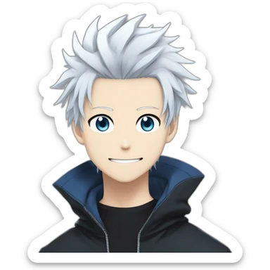 gojo satoru from jujutsu kaisen with white manga hair style, blue sky eyes and wear a black tight tshirt smiling sticker