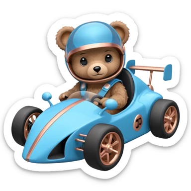 dark crystal blue and rosegold-accented faceted-body electric racing car driven by a small cute but fearless teddy baby bear with rear spoiler, roll bar, and wheely bar sticker